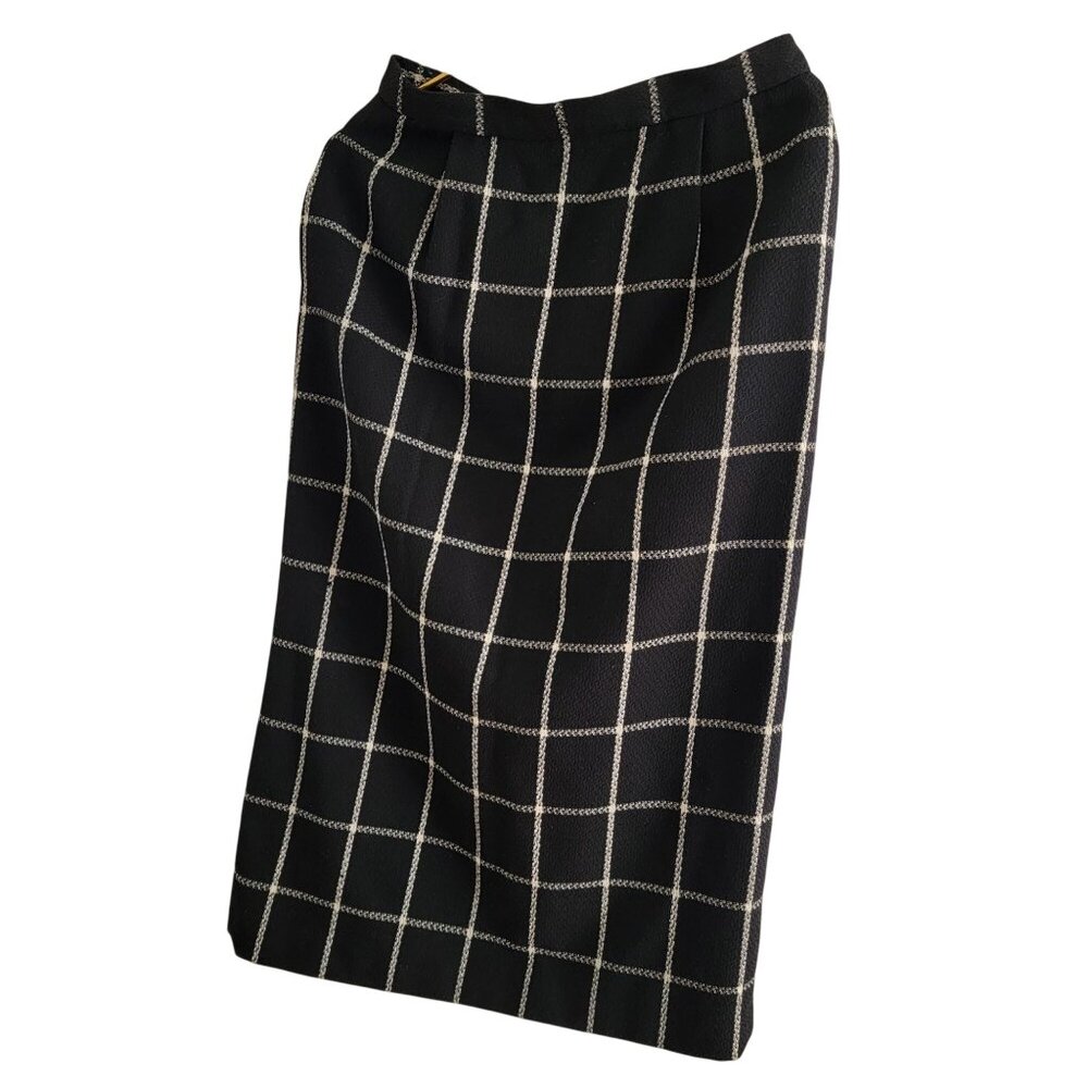 Vintage Talbots Black & White Windowpane Wool Midi Skirt Size 12